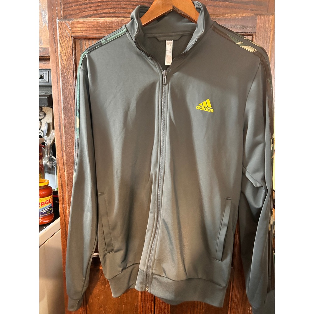 Adidas Mens Primegreen Track Jacket Grey Camo Stripes Yellow Logo Medium